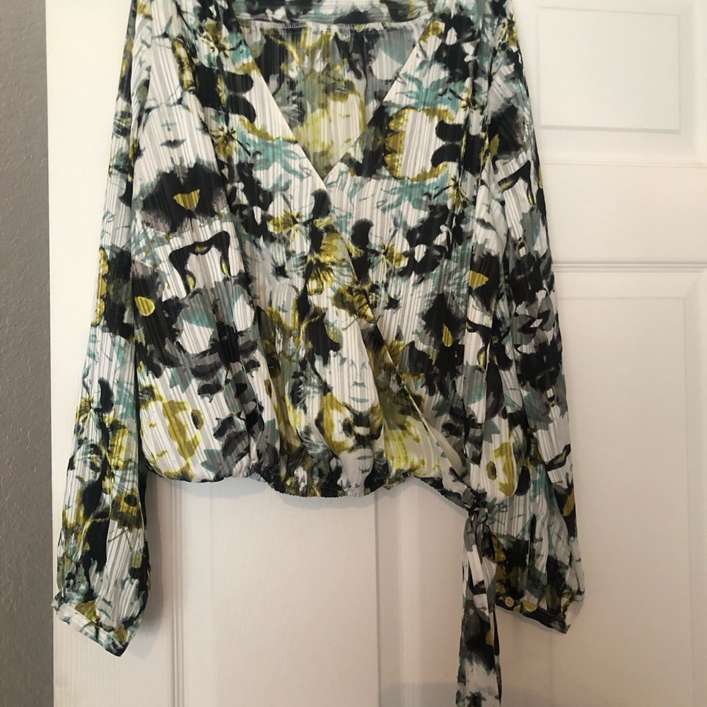 Guess Floral Pleated Wrap Blouse - White, Green, Black